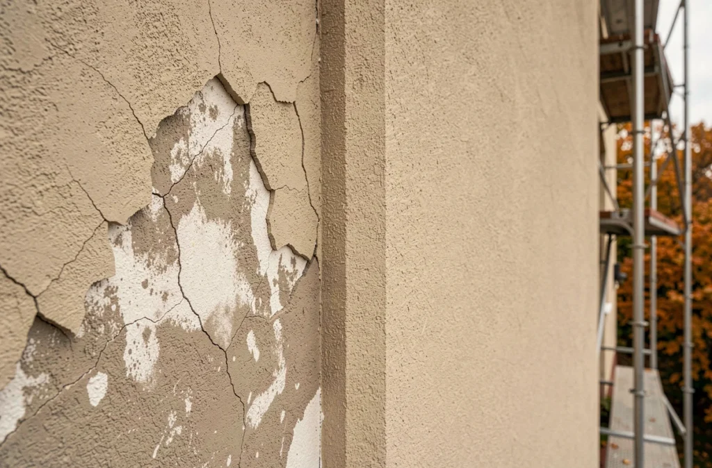 Comparaison côte à côte de deux enduits muraux extérieurs, l'un fissuré appliqué par temps humide, l'autre intact posé par temps sec