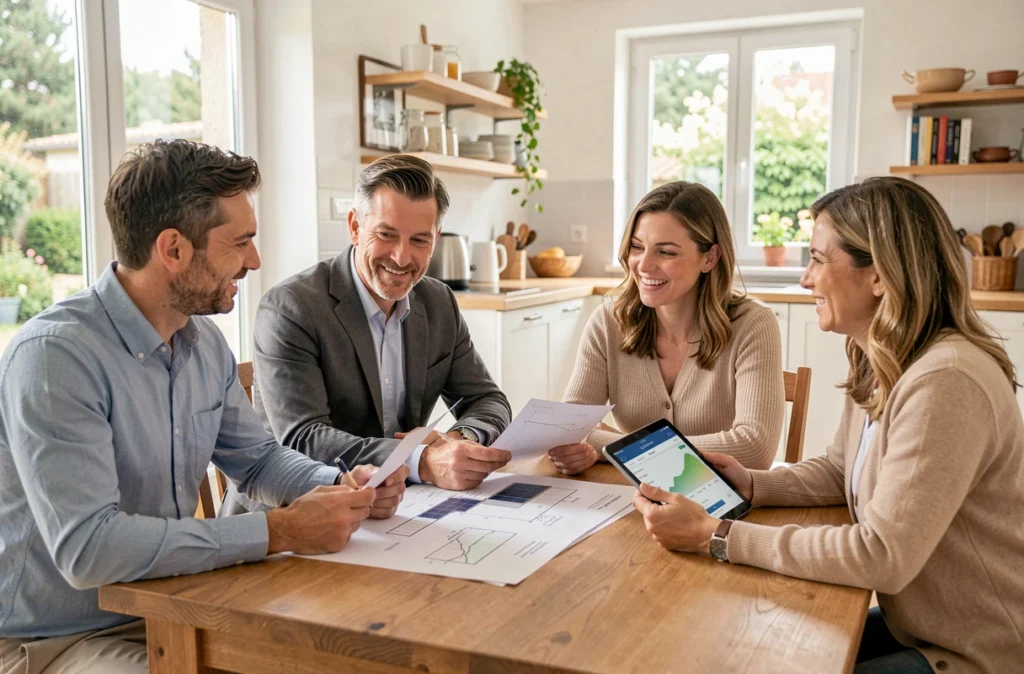 Consultants Rj Home Solar en réunion avec des propriétaires pour planifier l'installation de panneaux solaires à domicile