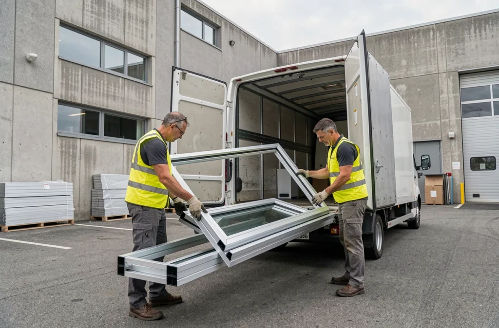 Équipe de D et G Distribution déchargeant une menuiserie aluminium pour une pose dans le bassin stéphanois