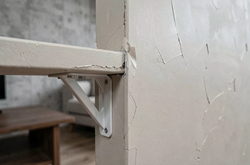 Gros plan sur un angle de meuble TV en placoplatre avec joint décollé, étagère mal alignée et passage de câble non encastré