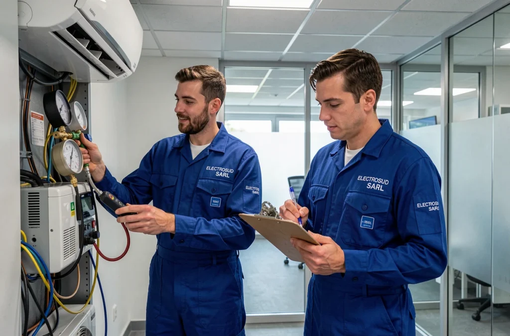 Deux techniciens Electrosud SARL effectuant la maintenance d'un système de climatisation multi-split dans un bureau de l'Hérault