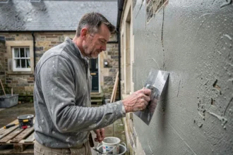 Artisan appliquant un enduit sur façade en pierre par temps humide, outil à la main, rendu texturé et brillant d'humidité