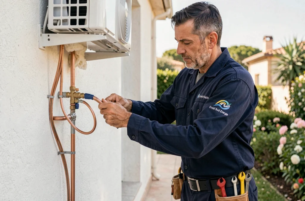 Technicien Froid Sud Energie installant un système de climatisation split sur une maison de la région Hérault