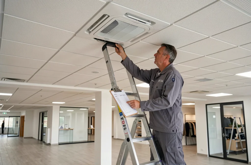 Technicien GF 34 effectuant la maintenance d'une climatisation cassette dans un local commercial de l'Hérault