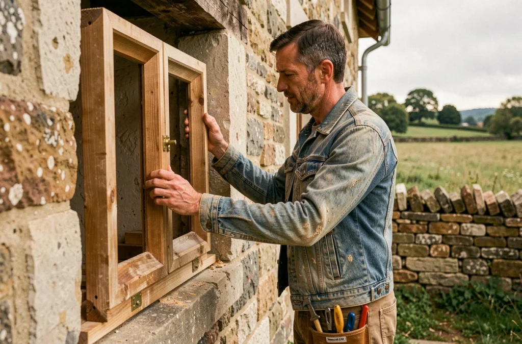 Artisan poseur indépendant G.Z. Pose ajustant un cadre de fenêtre en bois dans une ferme traditionnelle de la Loire