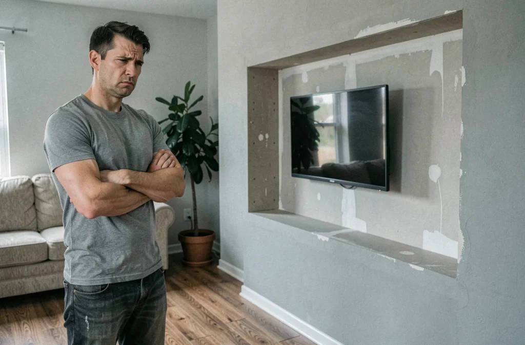 Homme déçu devant son meuble TV en placo mal réalisé, avec peinture dépareillée et niche surdimensionnée dans un salon pavillonnaire