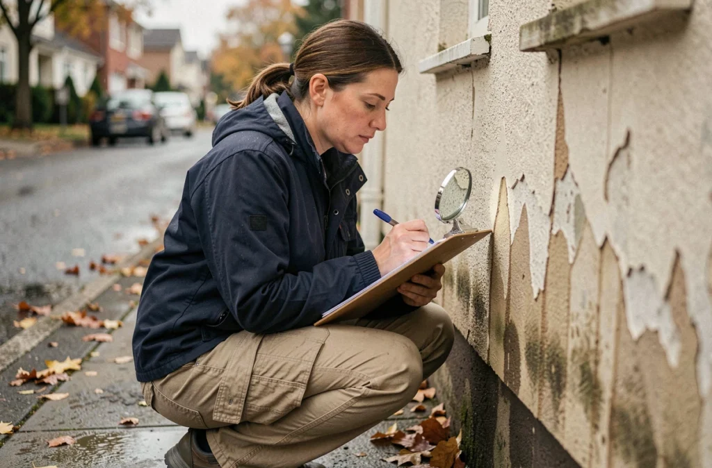 Inspectrice du bâtiment examinant un enduit extérieur dégradé au pied d'un mur humide lors d'une expertise terrain