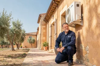Installateur de climatisation professionnel intervenant sur une unité extérieure dans l'Hérault, avec architecture méditerranéenne en arrière-plan