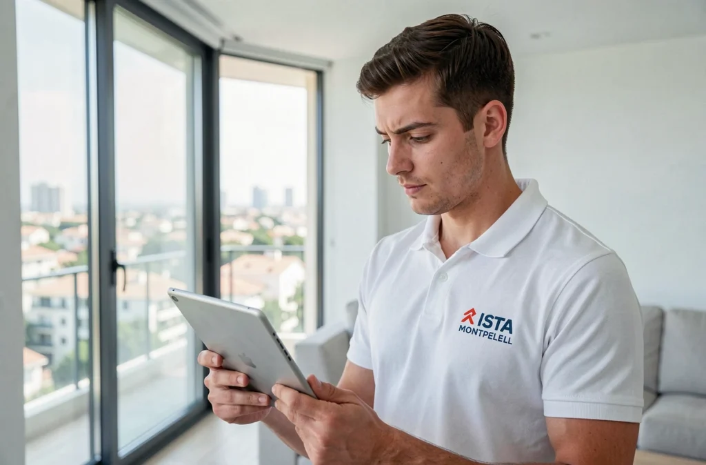 Technicien Ista Montpellier configurant une climatisation connectée dans un appartement moderne de Montpellier