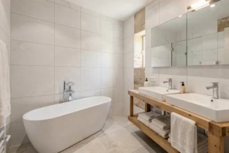 Salle de bain moderne entièrement rénovée avec baignoire îlot et double vasque, illustration du top 10 des installateurs en Gironde