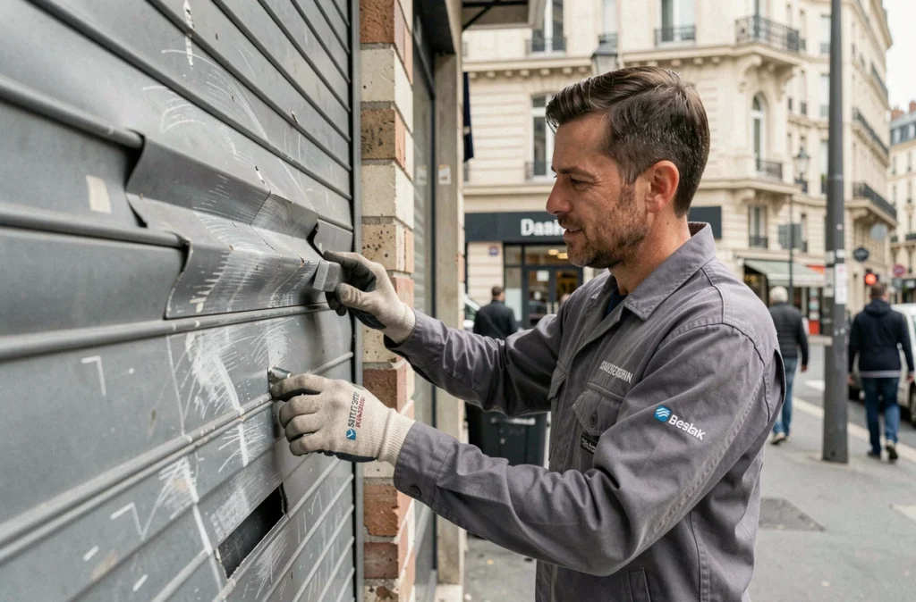 Technicien METAL 2000 Saint-Étienne remplaçant un panneau de volet métallique endommagé sur une devanture commerciale