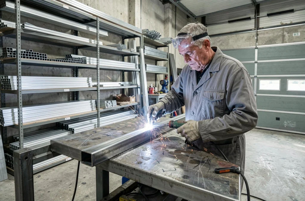 Artisan de Métallerie Serrurerie André Denis soudant un cadre métallique sur mesure dans son atelier de la Loire