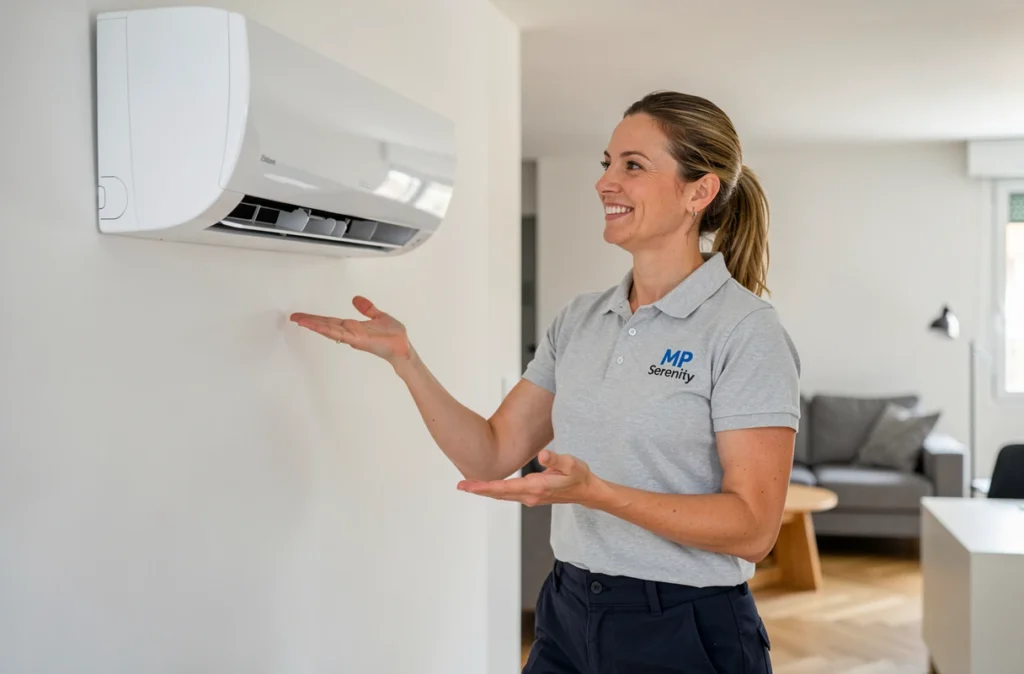 Technicienne MP Serenity présentant une installation de climatisation murale dans un appartement moderne de Montpellier