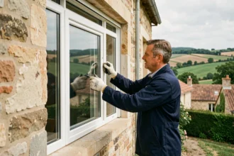 Poseur de fenêtres professionnel installant une fenêtre PVC sur une maison en pierre dans la Loire