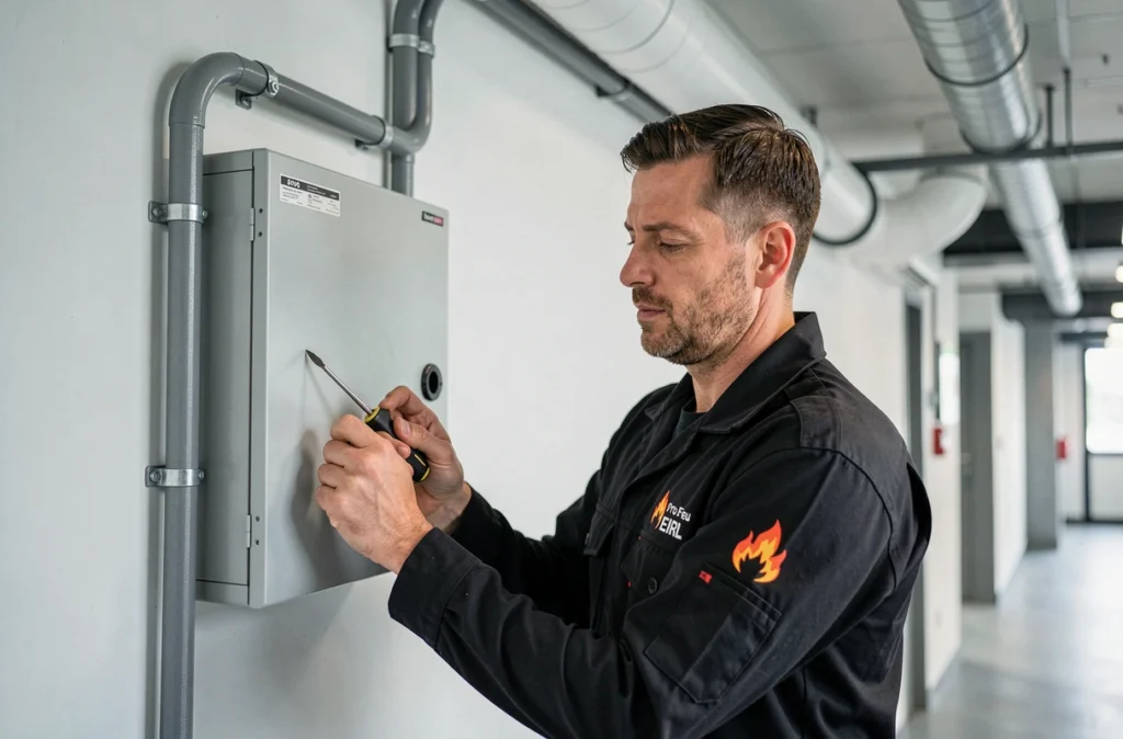 Technicien Pro Feu Design EIRL installant un système de climatisation et sécurité incendie dans un bâtiment commercial de Montpellier