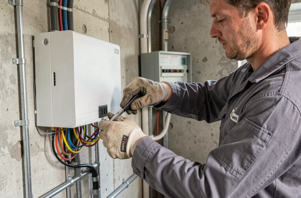 Électricien raccordant l'onduleur solaire lors de la dernière étape d'une installation photovoltaïque Rj Home Solar
