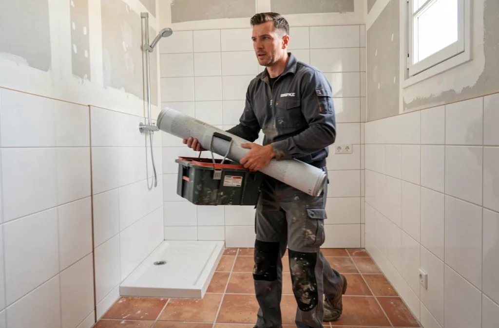 Artisan en intervention rapide dans une salle de bain à Bordeaux posant une membrane d'étanchéité, Les Reflets D'Or BTP