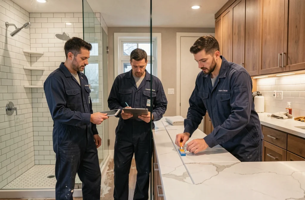 Équipe de trois artisans rénovant une salle de bain et une cuisine dans un appartement bordelais, La Renoc Des 3 Freres