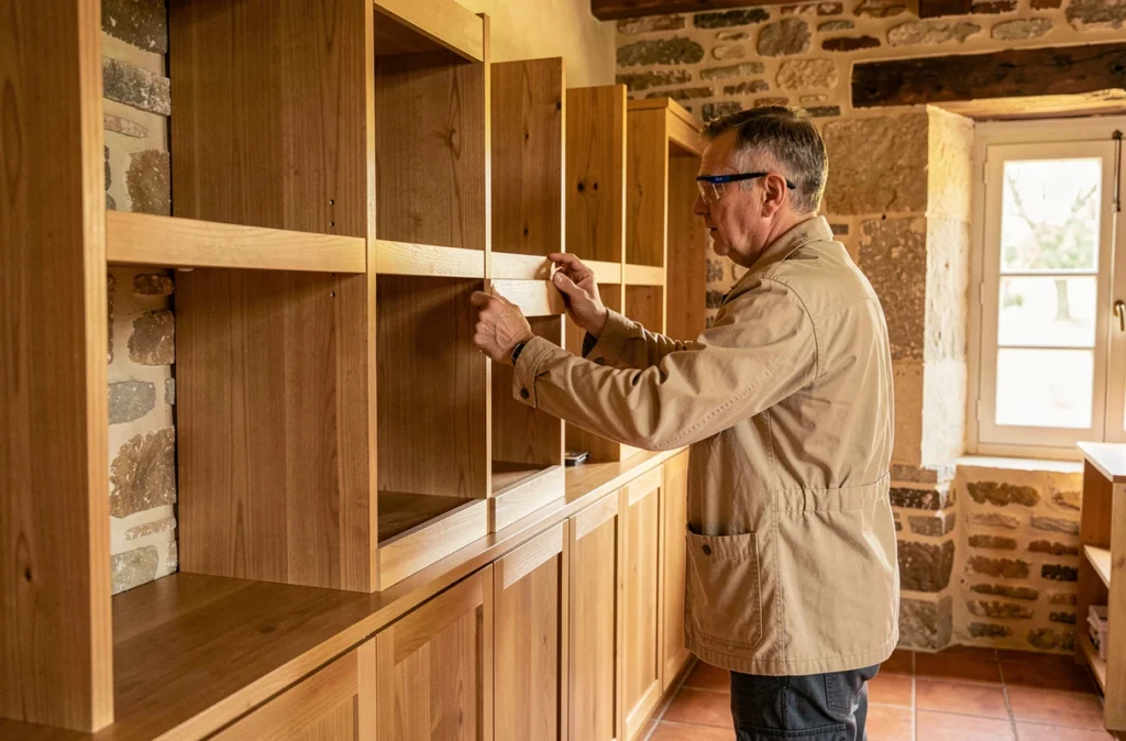 Menuisier STMA posant des éléments d'agencement en bois sur mesure dans une maison rénovée de la Loire