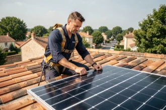 Technicien solaire installant des panneaux photovoltaïques sur un toit de maison individuelle lors d'une installation Rj Home Solar