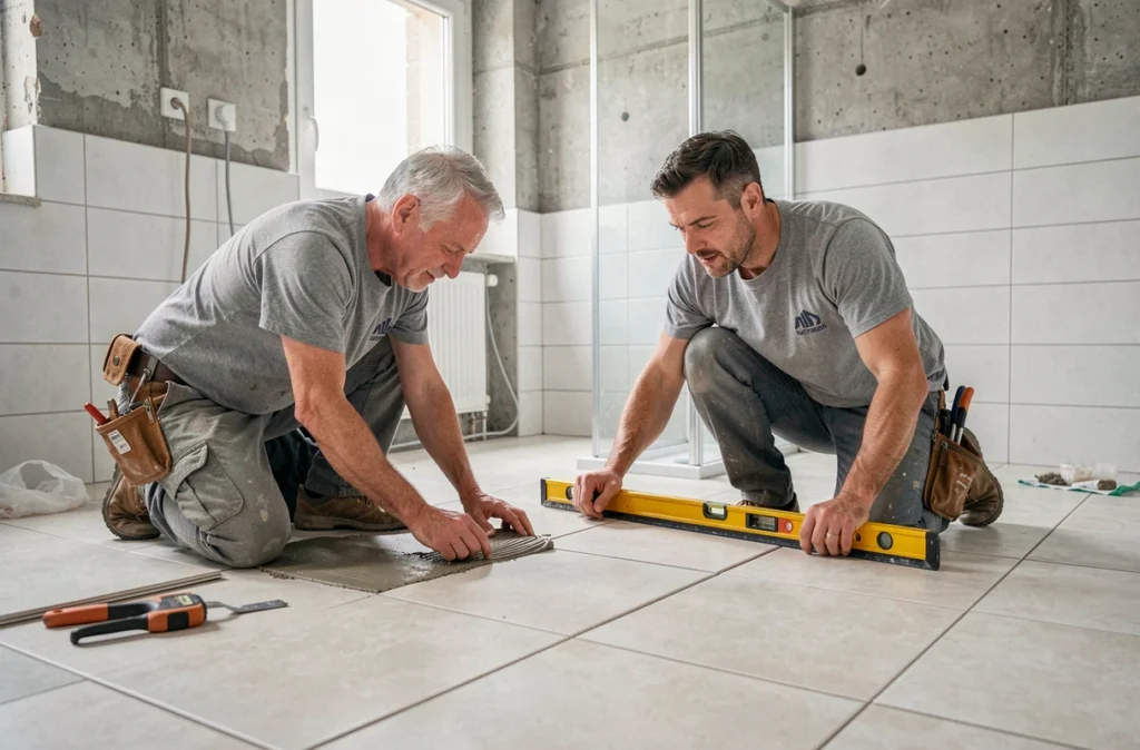 Père et fils posant du carrelage dans une salle de bain en rénovation au centre de Bordeaux, entreprise Torres et Fils