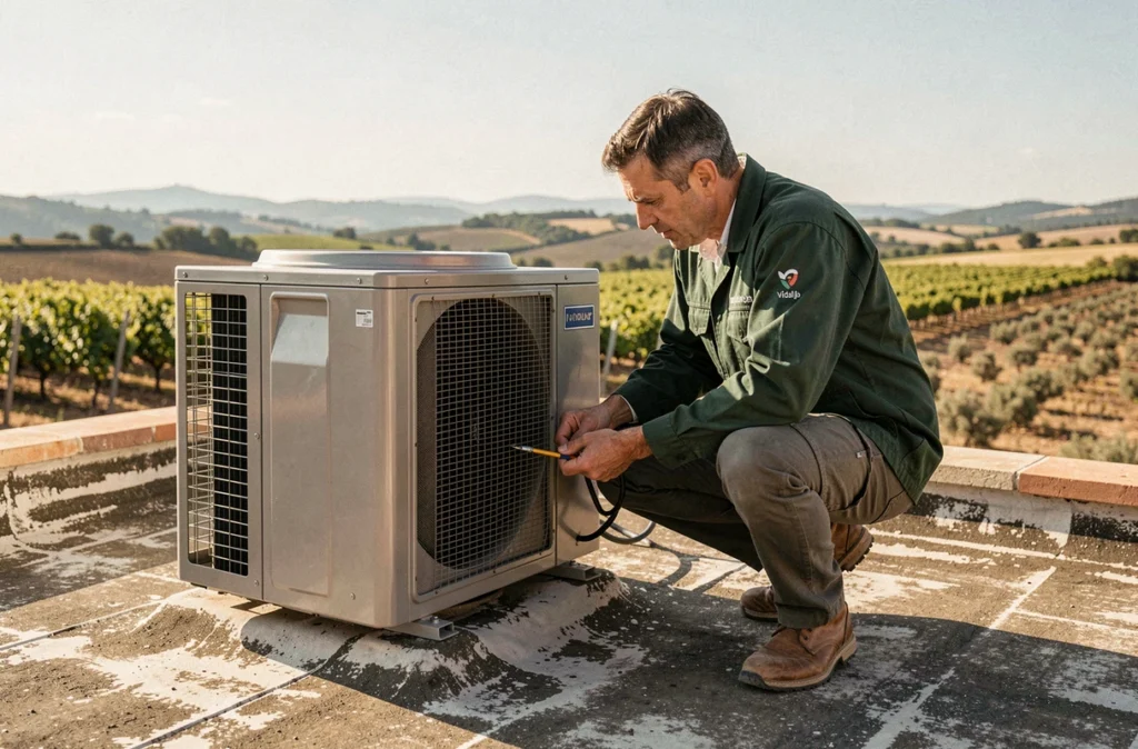 Technicien Vidaljb installant une unité extérieure de climatisation sur une terrasse de villa dans l'Hérault