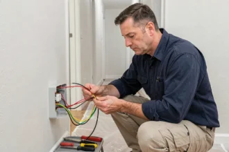 Électricien professionnel raccordant les fils colorés d'un schéma va-et-vient dans une boîte d'encastrement murale lors d'une rénovation résidentielle