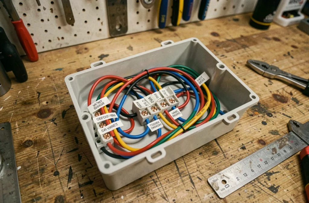 Vue rapprochée d'un tableau de câblage va-et-vient avec fils électriques codés par couleur et repérage par étiquettes dans un atelier de bricolage